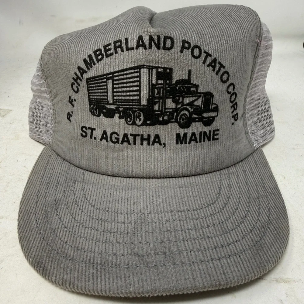 VTG R.F. Chamberland Potato Corp Maine Corduroy Trucker Hat Grey Snapback USA